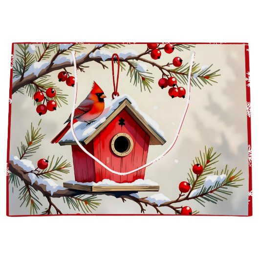 Pretty Christmas Cardinal & Birdhouse Snowflakes Groot Cadeauzakje (Voorkant)