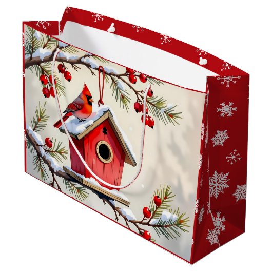 Pretty Christmas Cardinal & Birdhouse Snowflakes Groot Cadeauzakje (Achterkant Gekanteld)