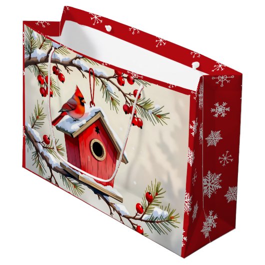 Pretty Christmas Cardinal & Birdhouse Snowflakes Groot Cadeauzakje (Voorkant Gekanteld)