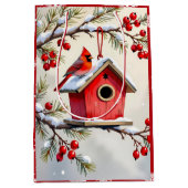 Pretty Christmas Cardinal & Birdhouse Snowflakes Medium Cadeauzakje (Voorkant)