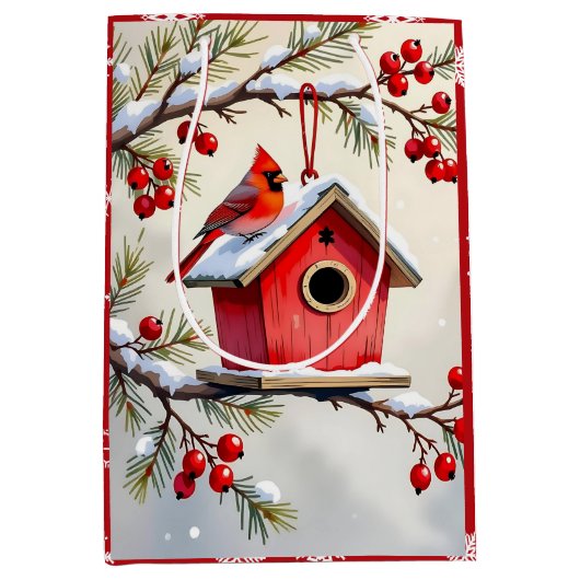 Pretty Christmas Cardinal & Birdhouse Snowflakes Medium Cadeauzakje (Voorkant)