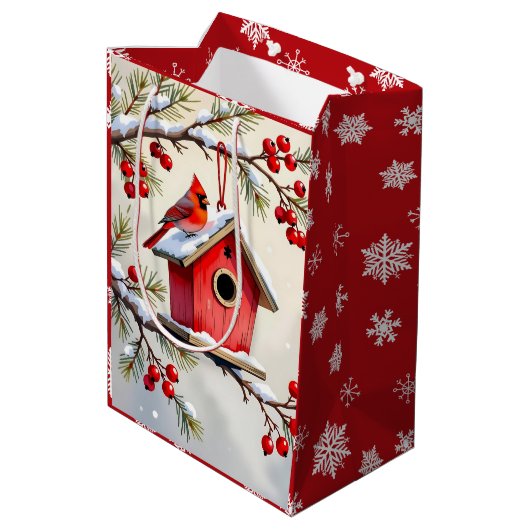 Pretty Christmas Cardinal & Birdhouse Snowflakes Medium Cadeauzakje (Achterkant Gekanteld)
