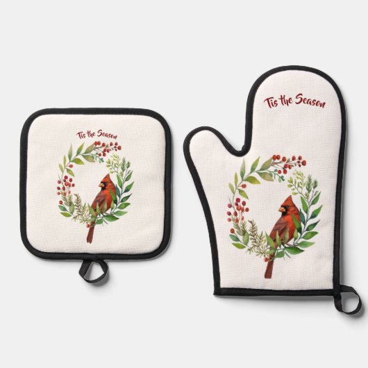 Pretty Classic Cardinal Red Bird Ovenwant & Pannenlap Set (Voorkant)