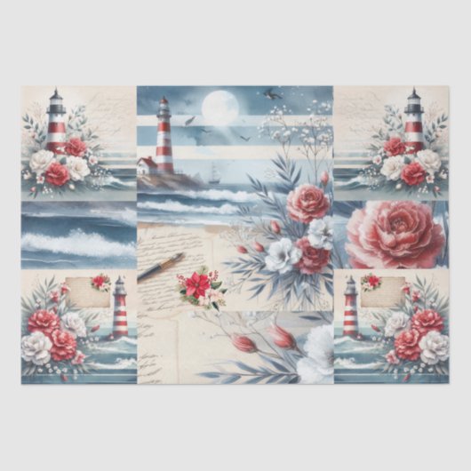 Pretty Coastal Christmas Lighthouse Collage Tissuepapier (Voorkant)