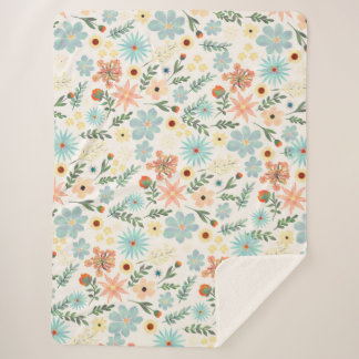 Pretty Colorful Ditsy Floral White Design Wrapping Sherpa Deken
