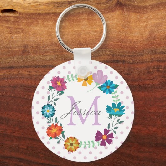 Pretty Colorful Flower Wreath Personalised Dotty Sleutelhanger (Achterkant)