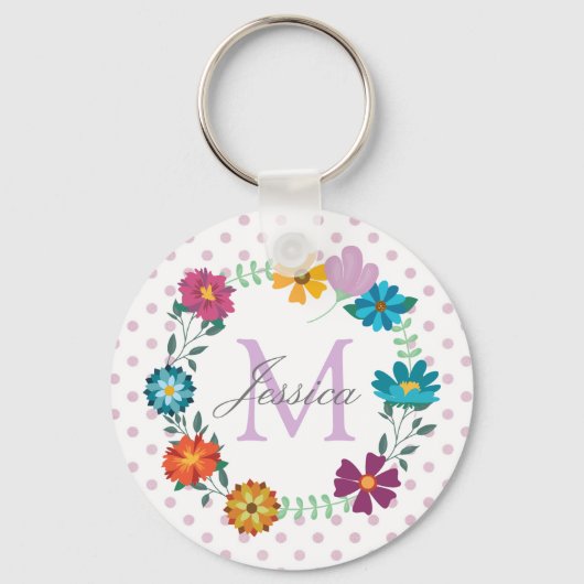 Pretty Colorful Flower Wreath Personalised Dotty Sleutelhanger (Achterkant)