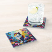 Pretty Colorful Impasto Cat and Flowers Glazen Onderzetter (Schuin)