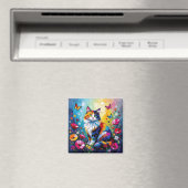 Pretty Colorful Impasto Cat and Flowers Magneet (Insitu (Vaatwasser))