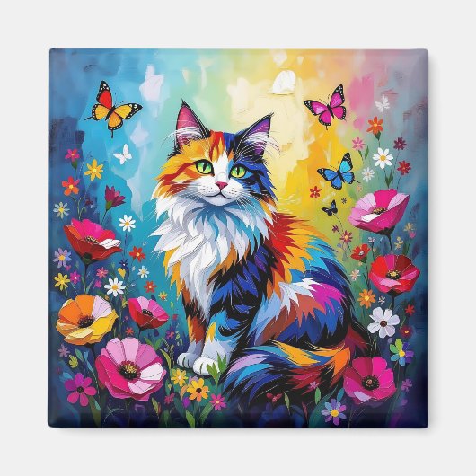 Pretty Colorful Impasto Cat and Flowers Magneet (Voorkant)