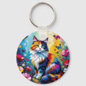 Pretty Colorful Impasto Cat and Flowers Sleutelhanger (Achterkant)