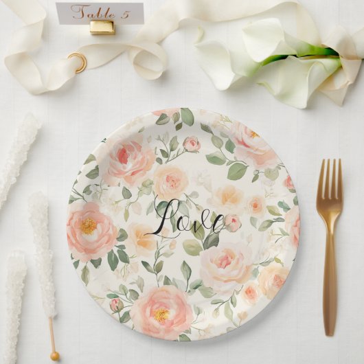 Pretty Cream Peach Floral Bridal Shower Papieren Bordje (Huwelijk)