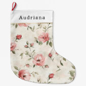 Pretty Cream Pink Roses Floral Christmas Grote Kerstsok (Voorkant)