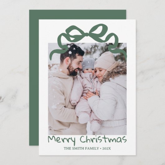 Pretty cute Christmas Green Bow Photo card  Kaart (Voorkant / Achterkant)