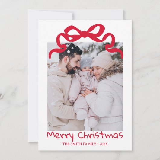 Pretty cute Christmas Red Bow Photo card  Kaart (Voorkant)
