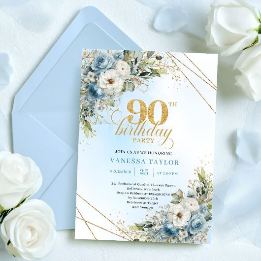 Pretty Dusty Blue Gold Border 90th Birthday Invite Kaart