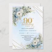 Pretty Dusty Blue Gold Border 90th Birthday Invite Kaart (Voorkant)