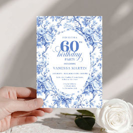 Pretty Dusty Blue Toile Roses 60th Birthday Invite Kaart