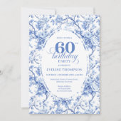 Pretty Dusty Blue Toile Roses 60th Birthday Invite Kaart (Voorkant)