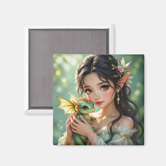 Pretty Elven Fairy & Dragon Ethereal   Magneet (Voorkant / Achterkant)
