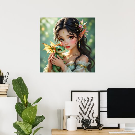 Pretty Elven Fairy & Dragon  Poster (Thuiskantoor)