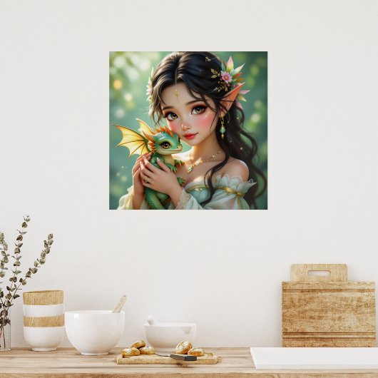 Pretty Elven Fairy & Dragon Poster (Keuken)