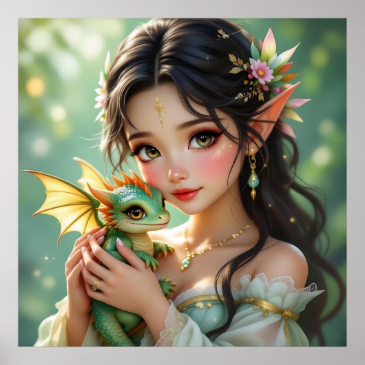 Pretty Elven Fairy & Dragon  Poster (Voorkant)