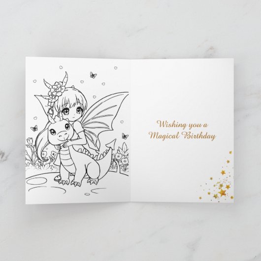 Pretty Elven Fairy & Dragon Themed Girl's Birthday Kaart (Binnen)