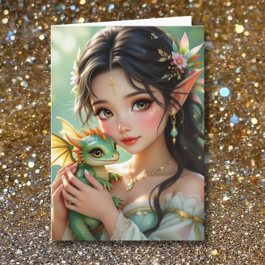 Pretty Elven Fairy & Dragon Themed Girl's Birthday Kaart