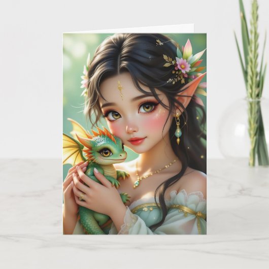 Pretty Elven Fairy & Dragon | Thinking About You Kaart (Voorkant)