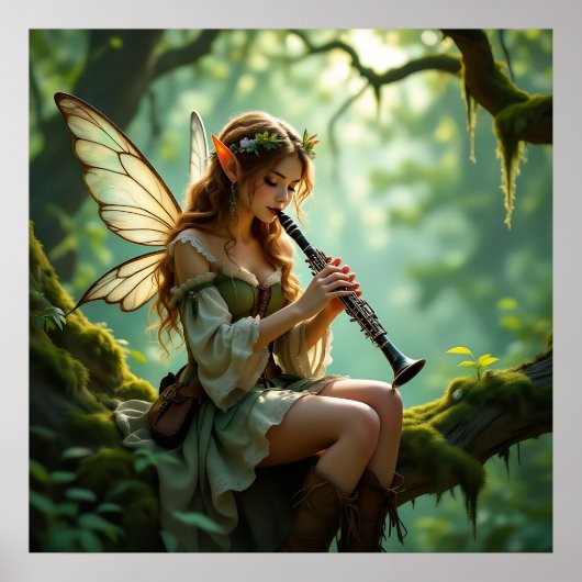 Pretty Elven Fairy Playing Clarinet Poster (Voorkant)