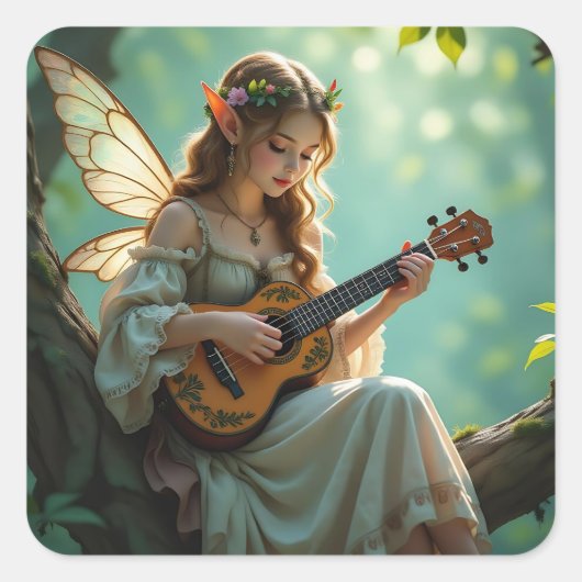 Pretty Elven Fairy Playing Ukulele Vierkante Sticker (Voorkant)