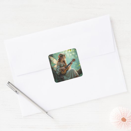 Pretty Elven Fairy Playing Ukulele Vierkante Sticker (Envelop)