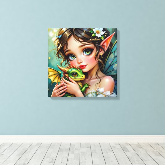 Pretty Fairy and Dragon Themed Girl's Canvas Afdruk (Insitu (Houten vloer))