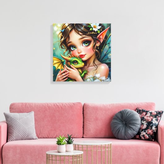 Pretty  Fairy and Dragon Themed Girl's   Canvas Afdruk (Insitu (Woonkamer))