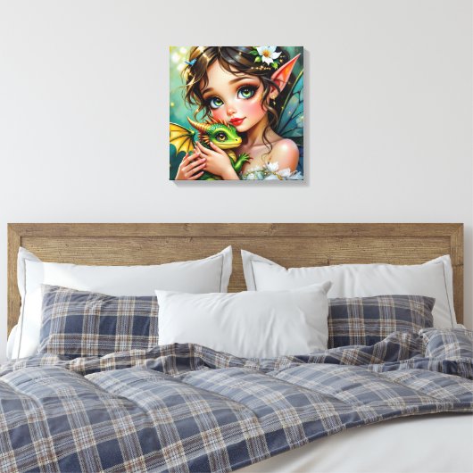 Pretty  Fairy and Dragon Themed Girl's   Canvas Afdruk (Insitu (Slaapkamer))