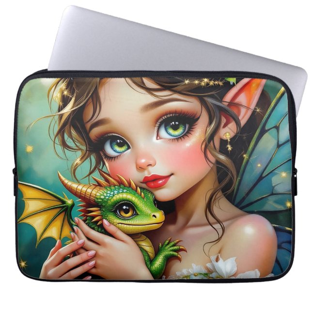 Pretty  Fairy and Dragon Themed Girl's   Laptop Sleeve (Voorkant)