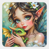 Pretty  Fairy and Dragon Themed Girl's   Vierkante Sticker (Voorkant)