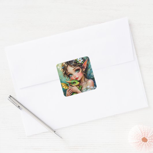 Pretty  Fairy and Dragon Themed Girl's   Vierkante Sticker (Envelop)