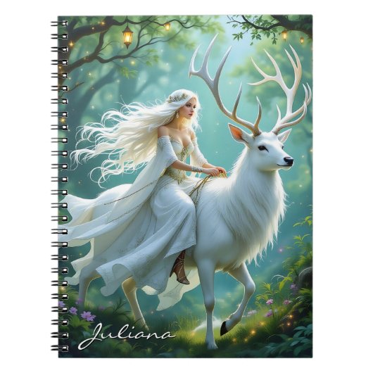 Pretty Fairy and White Deer in Enchanted Forest Notitieboek (Voorkant)