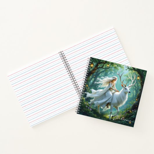 Pretty Fairy and White Deer in Enchanted Forest Notitieboek (Binnen)