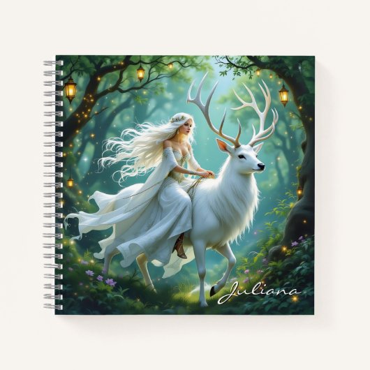 Pretty Fairy and White Deer in Enchanted Forest Notitieboek (Voorkant)