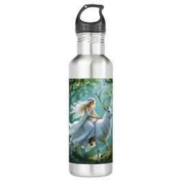 Pretty Fairy and White Deer in Enchanted Forest Waterfles