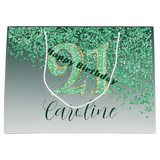 Pretty Falling Green Glitter 21st Birthday Groot Cadeauzakje (Voorkant)