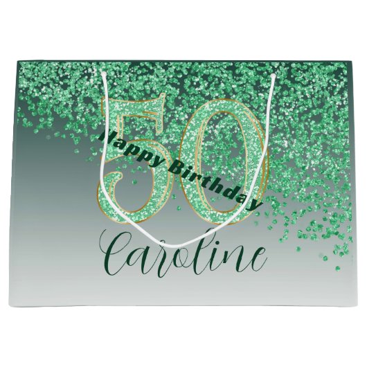 Pretty Falling Green Glitter 50th Birthday Groot Cadeauzakje (Voorkant)