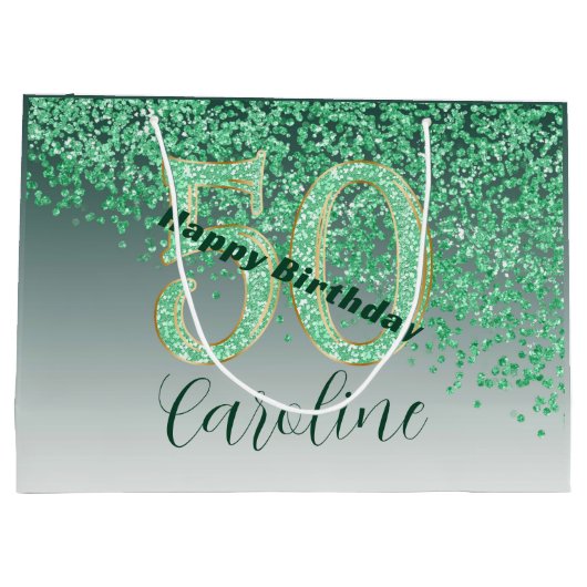 Pretty Falling Green Glitter 50th Birthday Groot Cadeauzakje (Achterkant)
