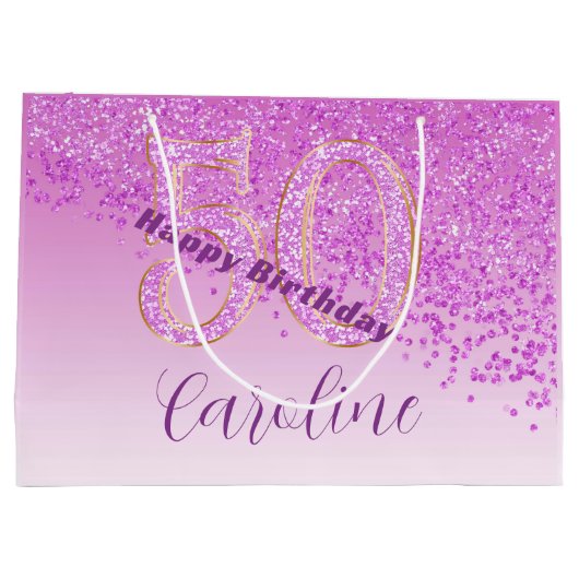 Pretty Falling Pink Glitter 50th Birthday Groot Cadeauzakje (Achterkant)