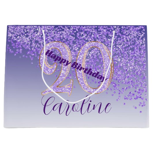 Pretty Falling Purple Glitter 20th Birthday Groot Cadeauzakje (Voorkant)