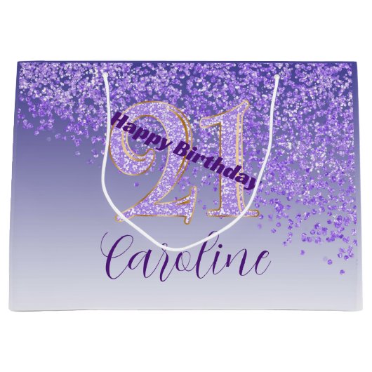Pretty Falling Purple Glitter 21st Birthday Groot Cadeauzakje (Voorkant)