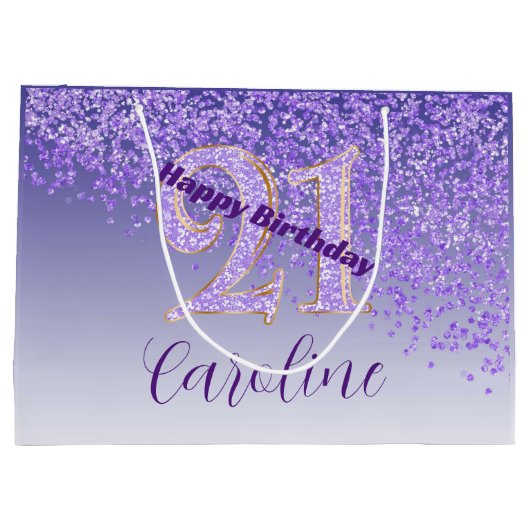 Pretty Falling Purple Glitter 21st Birthday Groot Cadeauzakje (Achterkant)